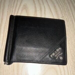 PRADA Saffiano Money Clip Bifold‎ Wallet Card Case Black Leather Authentic